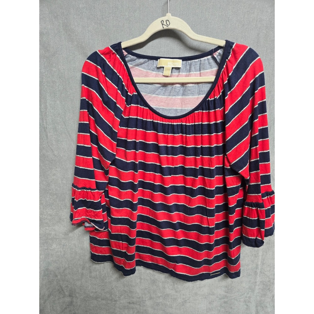 Michael Michael Kors Red Navy Nautical Stripe Ruffle Sleeve Top Large